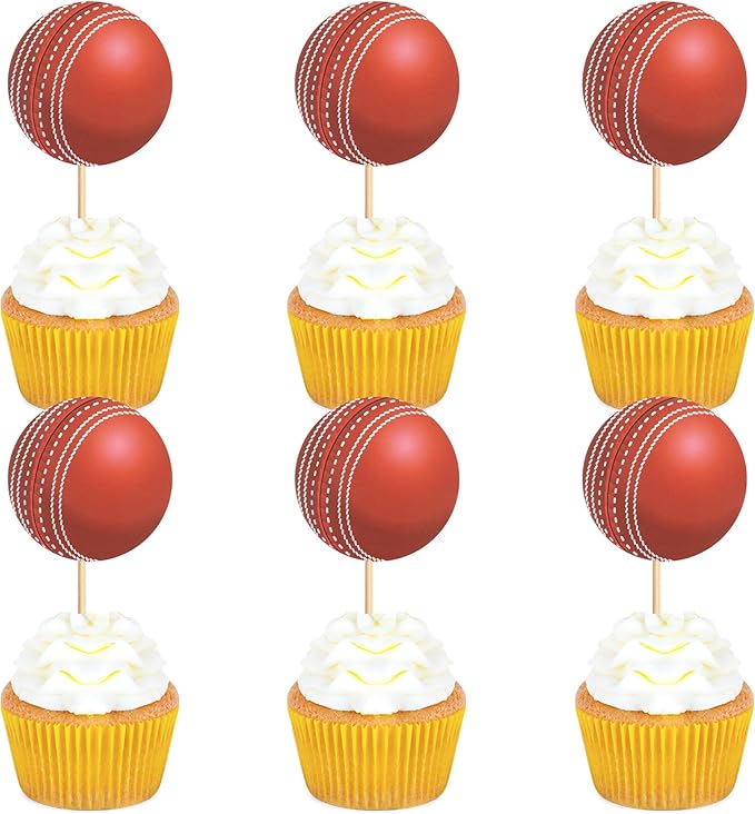 Ercadio 24 Pack Double Sided Cricket Cupcake Toppers Sports Ball Cricket Cupcake Picks Cricket Theme Birthday Cake Decorations for Baby Shower Kids Birthday Party Cake Decorations Supplies, Red-1