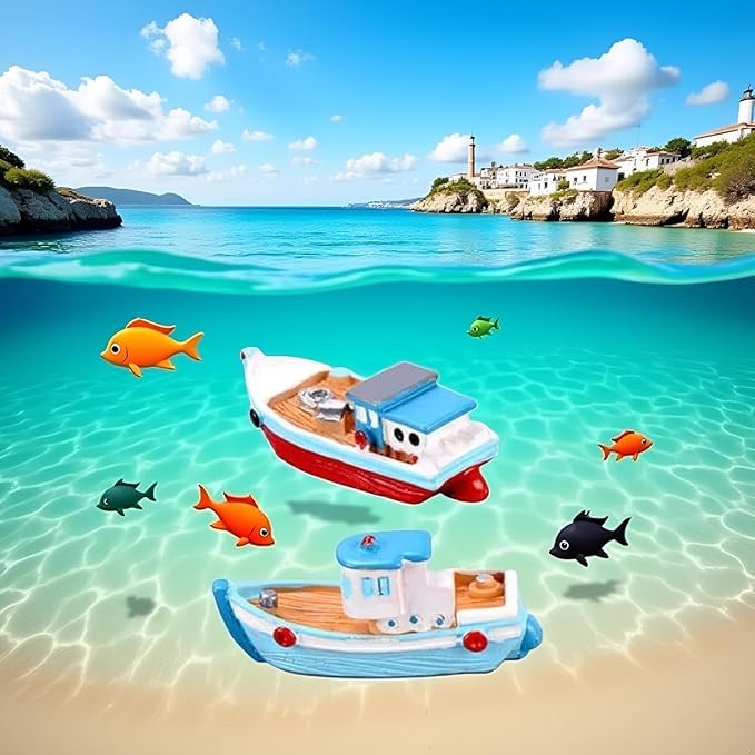 2 Pcs Colorful Miniature Dollhouse Boat Mini Fishing Boat Model Mediterranean Decor Resin Desktop Boat Ornament Ocean Beach Micro Landscape Decoration Dollhouse Accessories