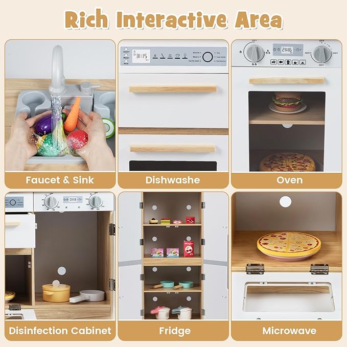 INFANS Kids Kitchen Playset, 2 in 1 Wooden Pretend Play Kitchen with Running Water Fridge Realistic Sounds Lights, Toddler Cooking Toys Gift for Boys Girls