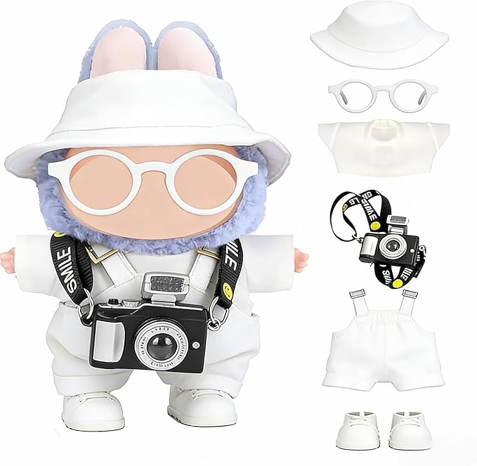17cm Doll Clothes Set, Hat & Overalls & Shirt & Shoes & Glasses & Camera Set for 17cm Accessories Suit, Stylish Dolls Clothes Accessories, Cute Clothes for Dress up Unique Style (White)