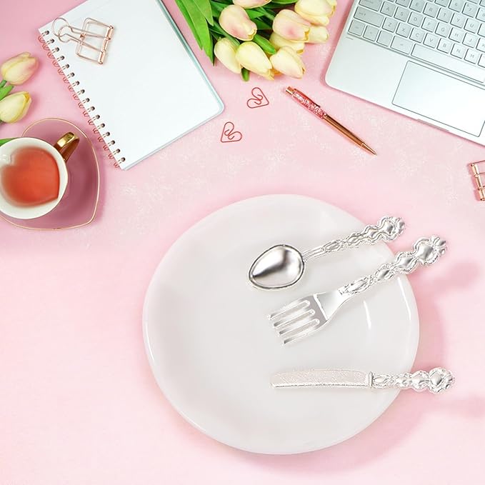 24 Pieces 1:12 Miniature Tea Set Metal Mini Teapot Tiny Tea Cup Mini Doll Plates Knife Fork Spoon Miniature Dollhouse Accessories for Dollhouse