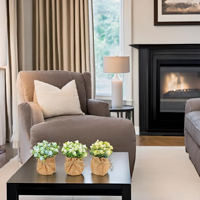 Velener Artificial Flowers in Small Burlap Bag Vases 3Pcs - Faux Flowers Farmhouse, Fake Plants Home Coffee Table Bookshelf Office Desk Decorations Kitchen Dining Room Indoor(White/Yellow/Blue)