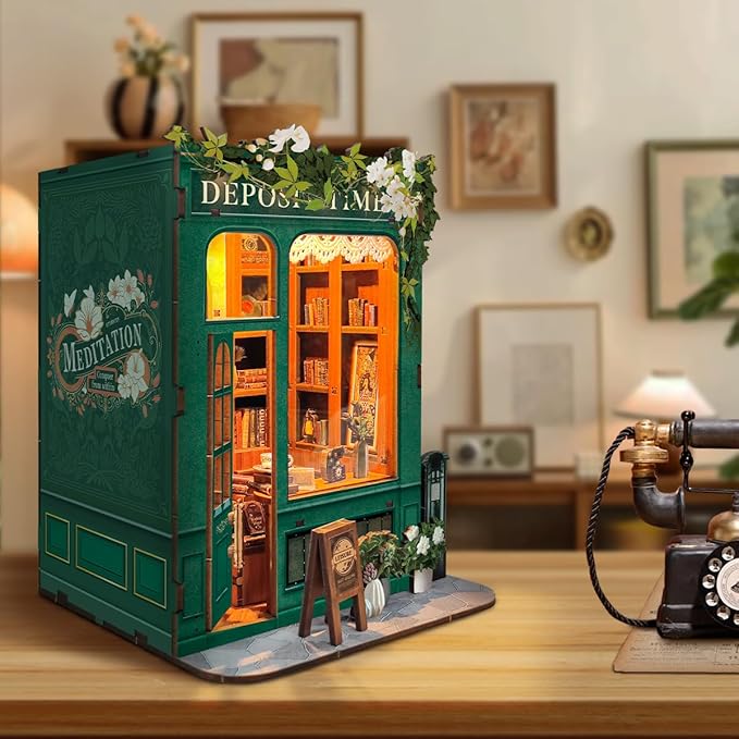 Book Nook Kit for Adults 3D Puzzle Miniature House Kit for Women Craft Lovers Booknook Bookshelf Decor DIY Model Kit with LED Light-Moments in Time(SQ-45)
