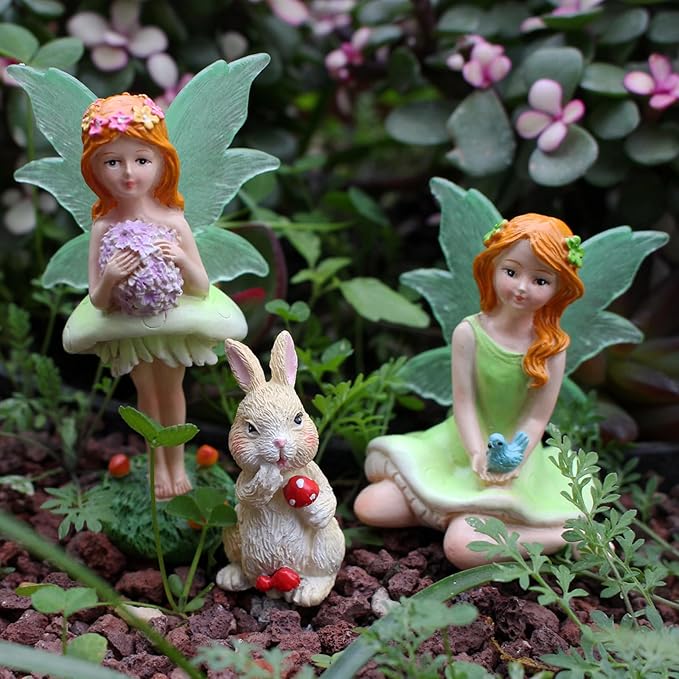 KOCNYDEY Mushroom Garden Miniatures Fairies Luminous Wings, Mini Garden Figurine Set Fairies Statues with a Rabbit for Outdoor Garden Yard Lawn Home Decor Lovely Resin Fairy Angel Accessories 3 PCS