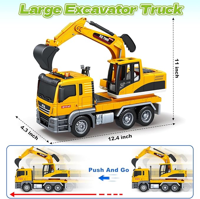 Kids Toys for 3 4 5 6 7 8 Years Old Boys, Large Excavator Truck Toy with Lights, Sounds, Toddler Friction Powered Truck Vehicle Toy for Boys Girls Christmas Birthday Gifts