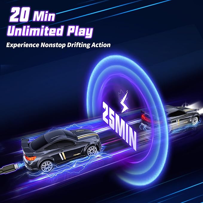 Mini RC Drift Car 1:64 Scale, Remote Control Car with LED Lights & 2-Speed Modes, 2.4GHz Stunt Drifting RC Toys with 4 Obstacles & Track Mat, Hobby Gift for Kids & Adults, Black