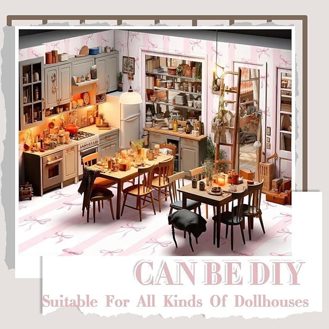Flutesan 12 Pcs Miniature Dollhouse Wallpaper and Flooring Peel and Stick Mini DIY Self Adhesive Dollhouse Accessories 8.27 x 11.69 Inch (Pink Bow)
