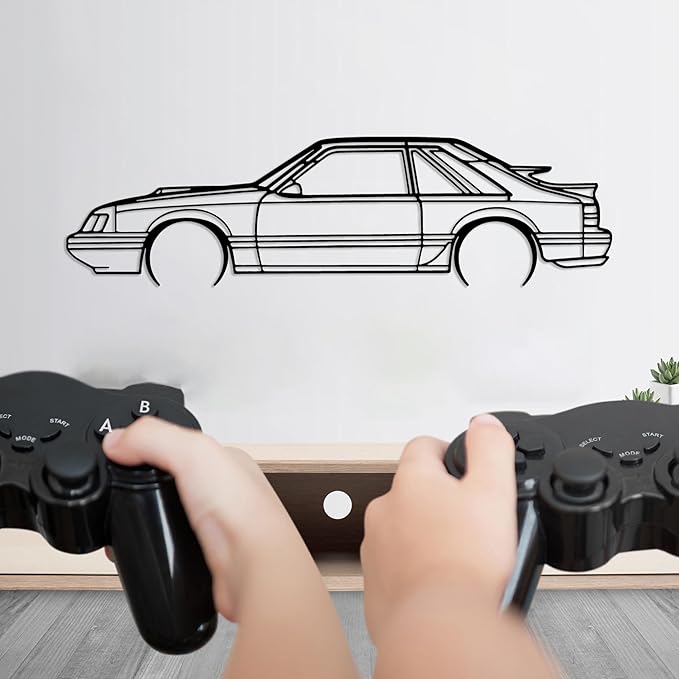 DecoSoul Mustang Metal Car Wall Art, Sports Car, Automotive Silhouette Line Decoration, Minimalist Sculpture for Garage, Indoor Outdoor Wall Hanging, Gift for Boyfriend (Black - 45 x 12.4” inch)