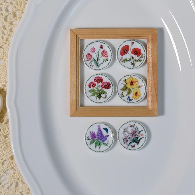 6PCS Handcrafted Miniature Ceramic Plates in 1:12 or 1:6 Scale, Vintage Porcelain Playhouse Dishes (Garden-A, 2.3CM)