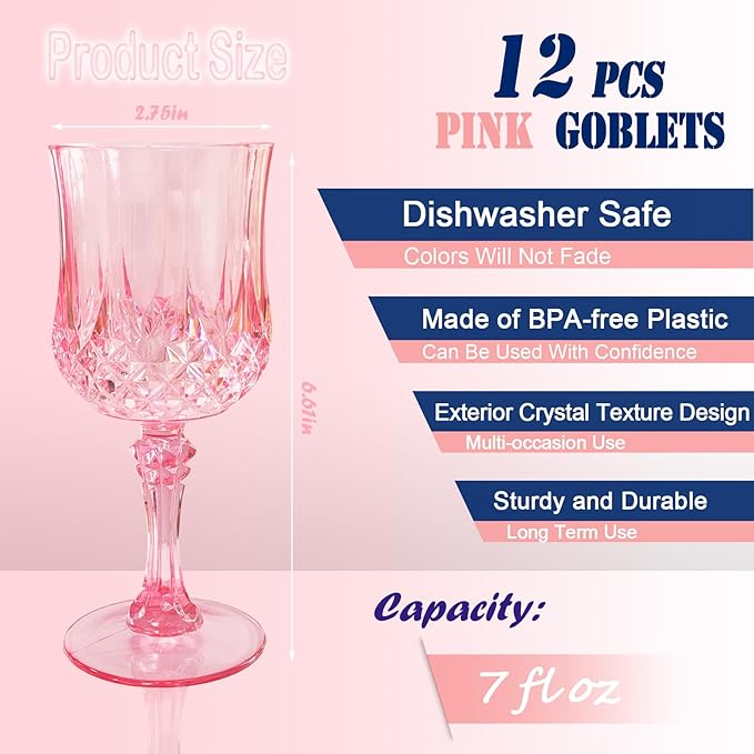 Veiuwa 12 PCS Pink Plastic Wine Glasses,Reusable Plastic Wine Glasses,Pink Goblet Glass,Durable and Sturdy Cups Can Be Used for Various Parties Such as Weddings!