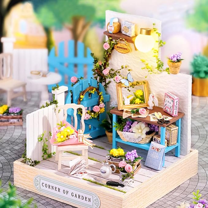 DIY Miniature House Kit, Mini House Building Kit with LED & Dust Cover, DIY Wooden Dollhouse Miniature Kit for Adults Teen, Wooden Crafts Lovely Dollhouse Kit, Corner of Garden