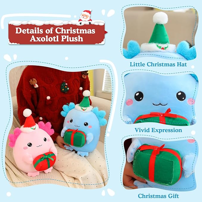 Christmas Axolotl Plush, Cute Axolotl Holding Gift Stuffed Animals Christmas Day Decor Party Favors for Kids & Adults (Blue)