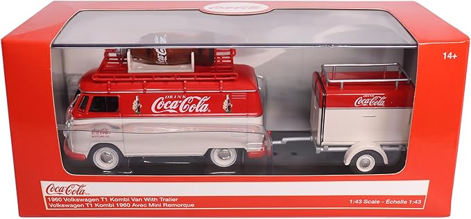 Motor city classics Coca-Cola Diecast Collectible | 1960 Volkswagen Kombi T1 with Trailer 1:43 Scale Model 443060 Officially Licensed