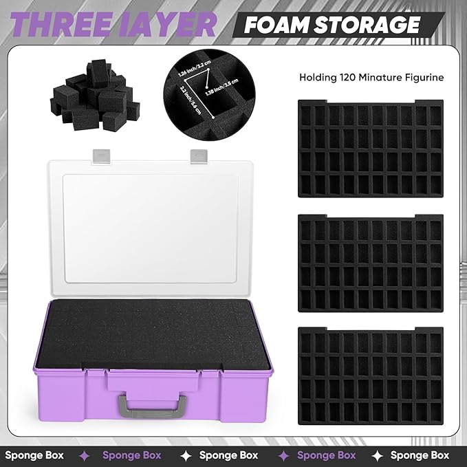 Miniature Storage Carrying Figure Case - 120 Slot Figurine Minature Carrying Case with 3 Foam Layer for Miniatures Compatible with 40k, DND & More (Purple)
