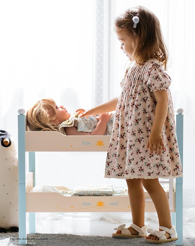 ROBUD Baby Doll Crib, Wooden Baby Doll Beds for 20 Inch Dolls, Blue Baby Doll Bunk Beds with Tulle, American Girl Doll Bed for Gifts, WRP10