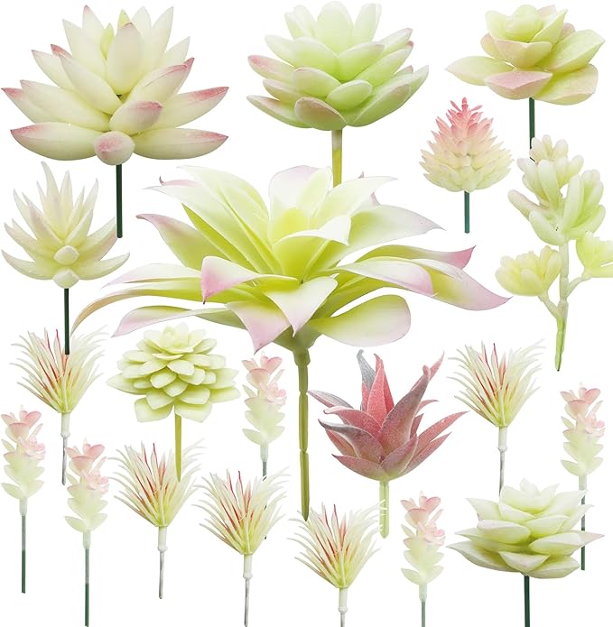 Cayway 20 PCS Artificial Succulents Picks Creamy White Artificial Succulent Plants, Fake Succulent Assortment in Flocked in Different Type for Indoor and Outdoor Home Decor Floral Arrangements