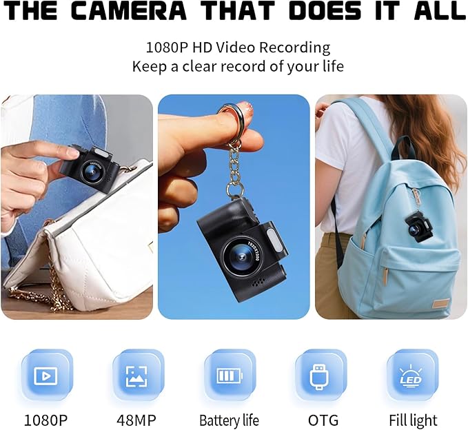 Mini Keychain Camera, FHD 1080p 48MP Mini Digital Camera with 32GB SD Card, 1.3" HD Display, 100 Mins Battery Life Small for Travel Study Recording-Black