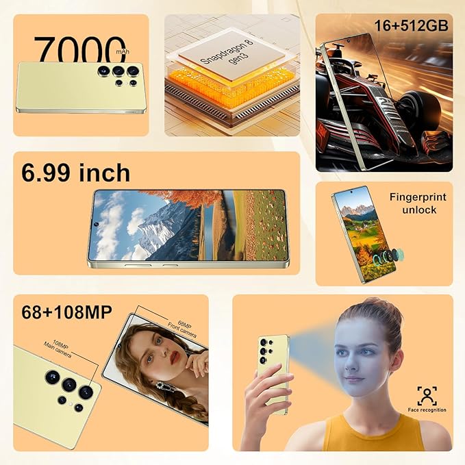 OEJBK I25 Ultra: Powerhouse 16GB/512GB, 2-Day 7000mAh Battery, Huge 6.99" Android 14 Phone w/Built-in Stylus - Your All-in-One Device The Superior Choice (Yellow)