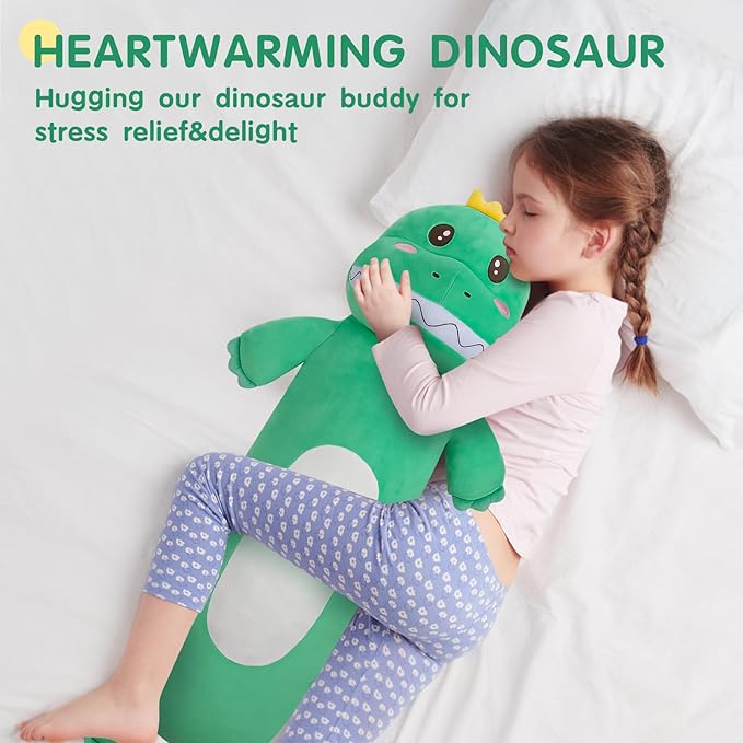 36” Large Dinosaur Plush Long Pillow, Cute Green Extra Dinosaur Stuffed Animals, Big Soft Body Pillow Squishy Plushies Toy, Gifts for Kids Boys Girls, Birthdays, Halloween, Christmas