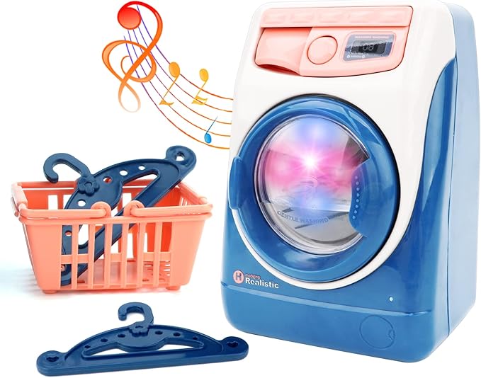 deAO Washing Machine Toy for Kids Dollhouse Furniture Pretend Play Household Appliance Realistic Sounds with Lights Laundry Play Set with Rotatable Roller for Children Birthday Present…