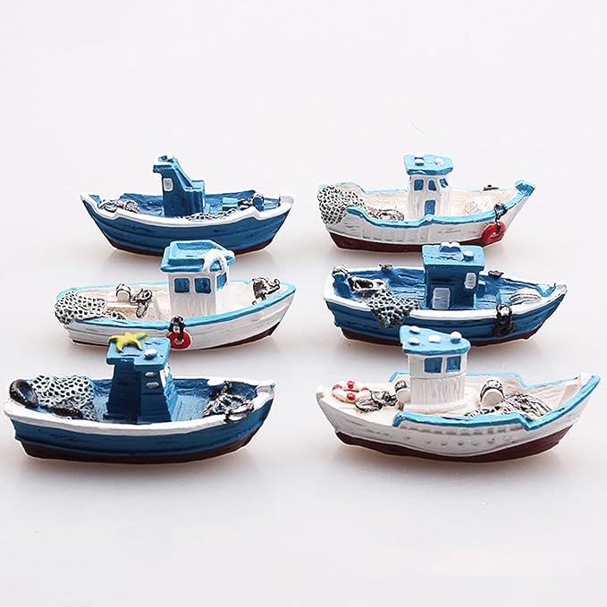 6 Pcs Miniature Fishing Boats Set - Vintage Mediterranean Style for Dollhouse, Fairy Garden & Micro Landscape Decor Perfect for Ocean, Beach & Sea Themes