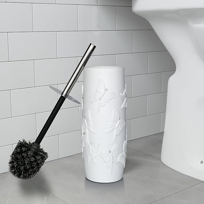 Indecor Home White Butterfly with Rhinestone Design Resin Toilet Holder and Brush Set, Elegant Bathroom Cleaning Tool with Durable Bristles, Compact and Stylish