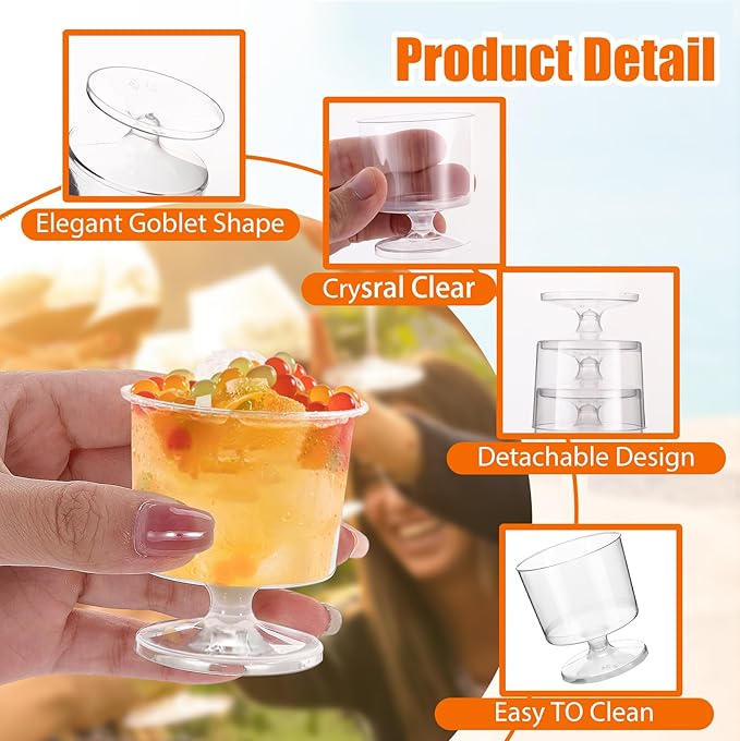 Gdotmely 80 Pack Mini Dessert Cups, 2 oz Disposable Plastic Wine Glasses, Parfait Appetizer Cups, Clear Shot Glasses for Wedding, Birthday, Party, Fruit