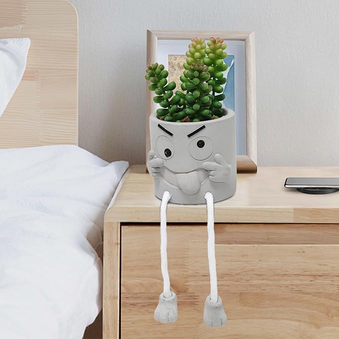 SEMSOIIO 2PCS Artificial Mini Succulent Plants, Cute Fake Plant Faux Succulents in Grey Pots, Artificial Plants with Hanging Leg Potted for Home Office Desk Shelf Bathroom Decor