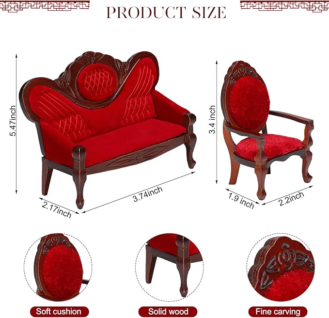 5 Pcs 1:12 Miniature Dollhouse Furniture, Include Vintage Red Wooden Carved Sofa Couch 4 Pcs Wooden Carved Single Sofa Chairs Retro Red Armchairs for Living Room Bedroom Kitchen Birthday Decoration