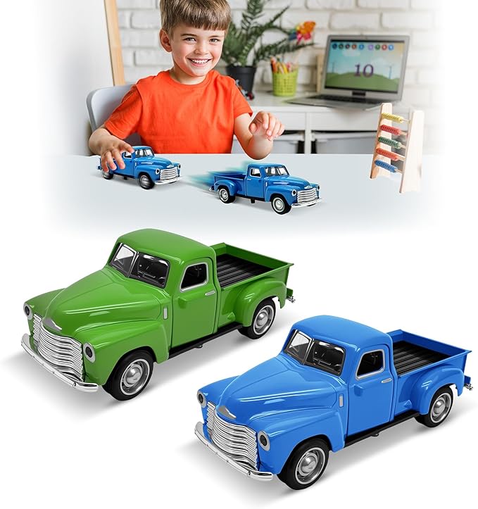2Pcs Little Blue/Green Truck Toy for Toddlers 2 3 4 5 6 7 8 Year Old Boys Girls,1:32 Alloy Toddlers Car Toy Driveable,Car Door Can Open,Toy Trucks for Kids Easter Christmas Birthday Gifts