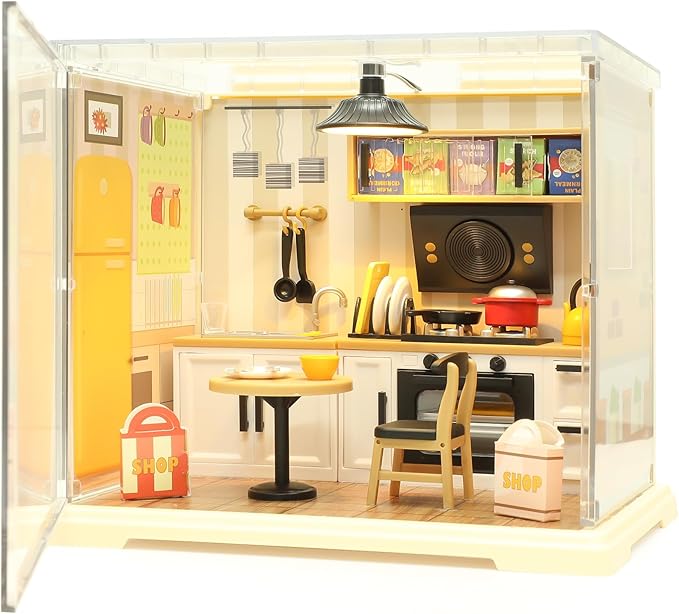 DIY Miniature House Kit, Tiny House with Home Decor Furniture & LED, DIY Dollhouse Miniature Kit for Adults Teens, Dollhouse for Mini Figures, Mini House Building Kit, Home Kitchen Mini Model Kit