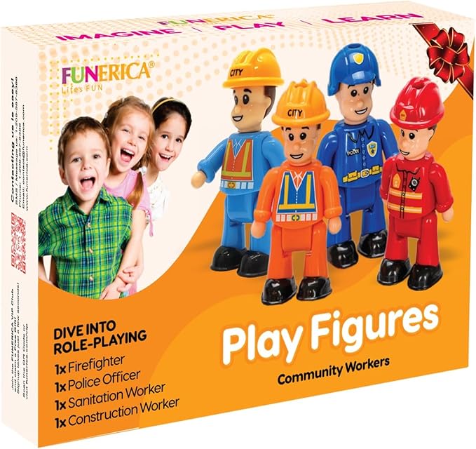 FUNERICA Toy Figures & Playsets - Firefighter, Police, Sanitation, Construction Worker - Play People Figures for Toddlers & Kids - Little People Toy Figurines - Mini People Community Helpers (4-Pack)