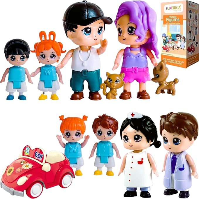FUNERICA Dollhouse People Figures Playset - Dollhouse Family Little Play Figurines Doll House Accessories Toys -(Family Figures with Car, Pets, Doctor & Nurse)