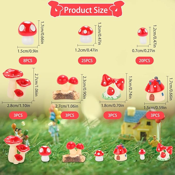 65 Pieces Mini Mushrooms Figurines Red Tiny Resin Mushroom Decor for Fairy Graden Craft Fake Mushrooms Moss Landscape DIY Terrarium Cake Topper Party Decoration Home Decor