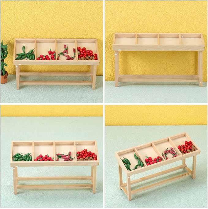 LUOZZY Miniature Wooden Shelf Food Display Miniature House Vegetable Fruit Shelf Figurine Mini Dollhouse Vegetable Rack Stall Model