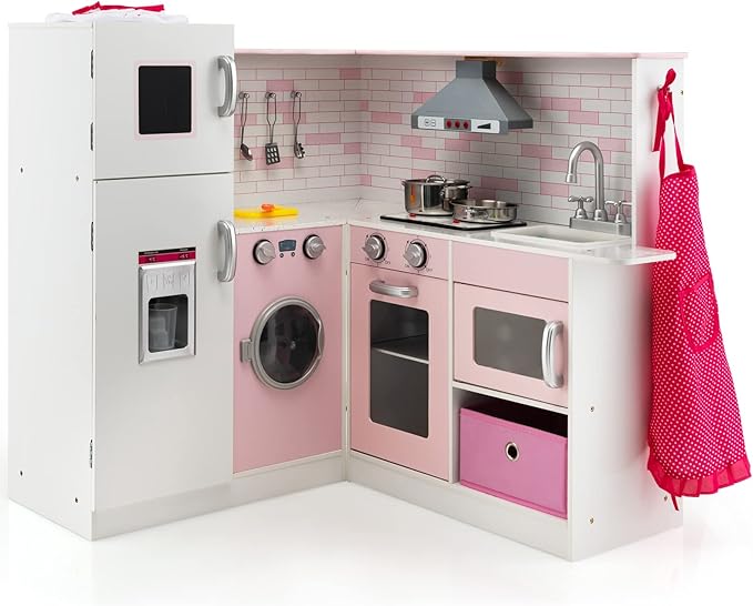 Costzon Kids Corner Play Kitchen, Wooden Pretend Play Kitchen w/Realistic Light & Sound, Washing Machine, Microwave, Ice Maker, Oven & Stove, Little Chef Pretend Toy Kitchen for Boys & Girls