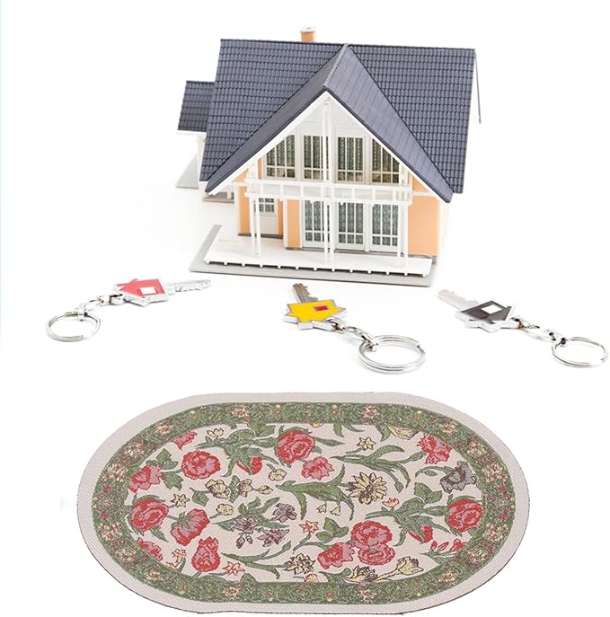 Hapivida 1/12 Dollhouse Decoration Accessories Miniature Rug Vintage Woven Carpet Oval Floral Colorful Design for Doll House Bedroom (B01 Green Leaf Flower)