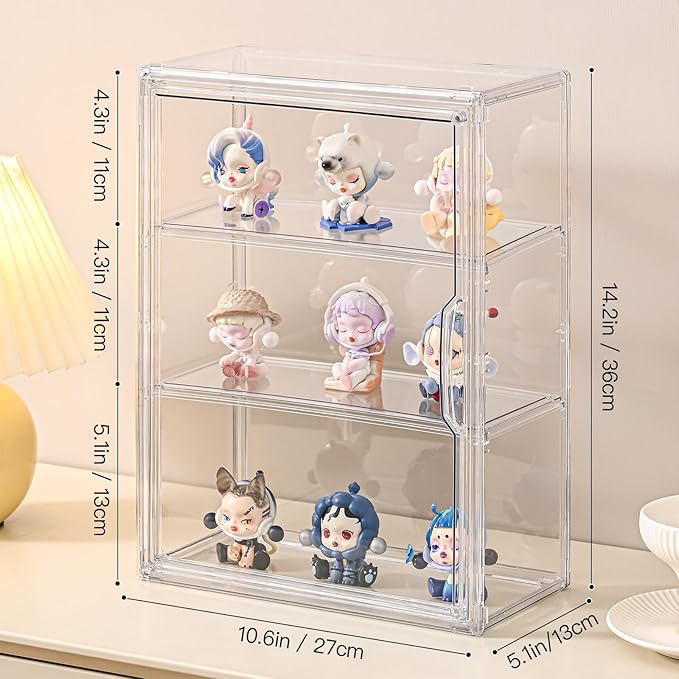 2 Pack Clear Display Case for Figures, Wall-Mounted Acrylic Storage Organizer Box, Stackable Display Cabinet with Magnetic Door & Removable Shelves, Showcase for Collectibles, Anime Figures