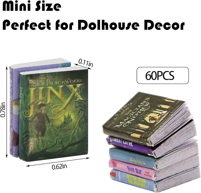 60 Pcs 1:12 Scale Mini Books, Miniatures Dollhouse Tiny Small Flip Books for Anxiety Bookshelf Dollhouse Decor Crafts DIY Accessories Mini Books
