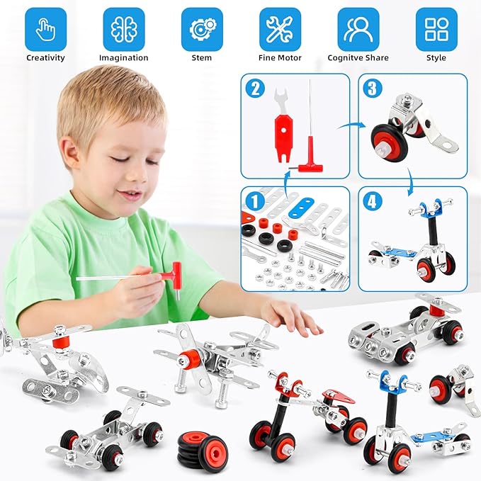 Cars & Airplane Metal Model Set, Building Kit Model, 231 PCS 6 Models Metal STEM Project Building Toys for Kids Ages 8-12, Assembly Vehicles Metal Toys Model
