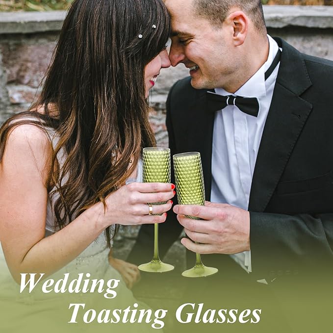 SKLENICE Plastic Champagne Flutes Champagne Glasses Unbreakable Wedding Toasting Glasses Reusable Diamond Wine Glasses Crystal Clear Party Wine Cups Vintage Drinking 5.5 OZ for Wedding (12, Green)