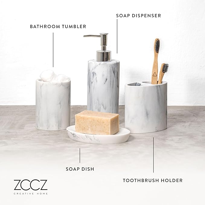 ZCCZ Bathroom Accessory Set, 4 Pcs Marble Look Bathroom Vanity Countertop Bathroom Décor Sets Accessories with Soap Dispenser, Toothbrush Holder Set, Tumbler, Soap Dish