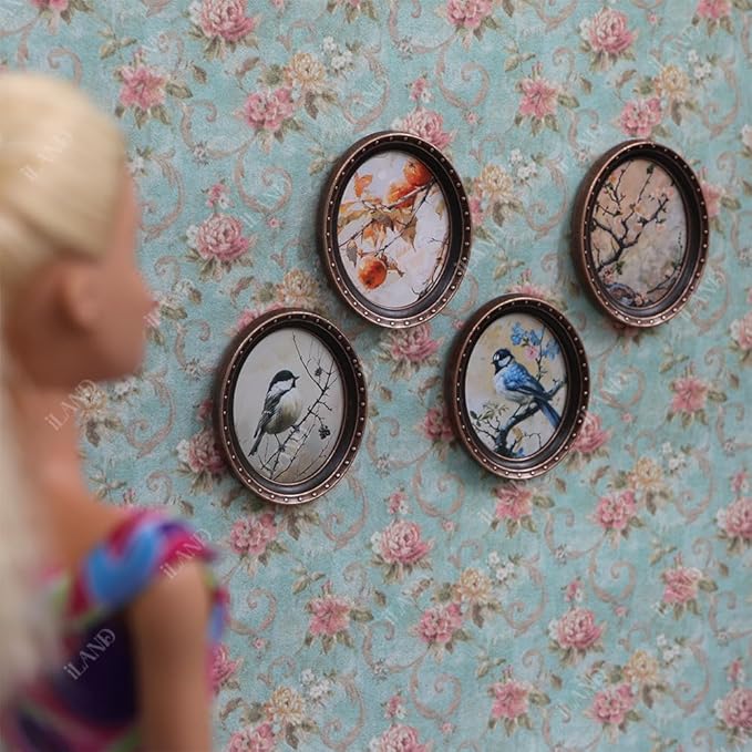 iLAND 1/12 Scale Accessories, 4 Dollhouse Picture Frames w/ 4 Paintings (Flowers & Birds)