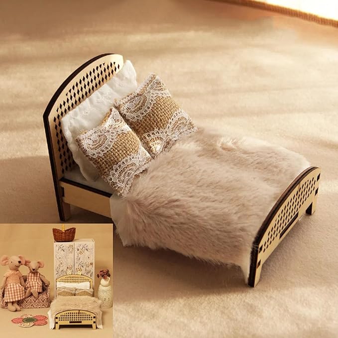1:12 Scale Miniature Double Bed Unpainted Wood Furniture Model Craft Accessory Customizable Finish Bedroom Decoration for Pretend Play and Scene