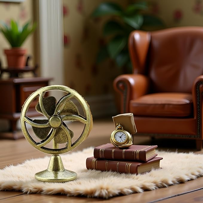 Brass Table Fan Dollhouse Decoration Accessories, 1:12 Dollhouse Miniature Scene Model Table Fan (30 x 43 mm)