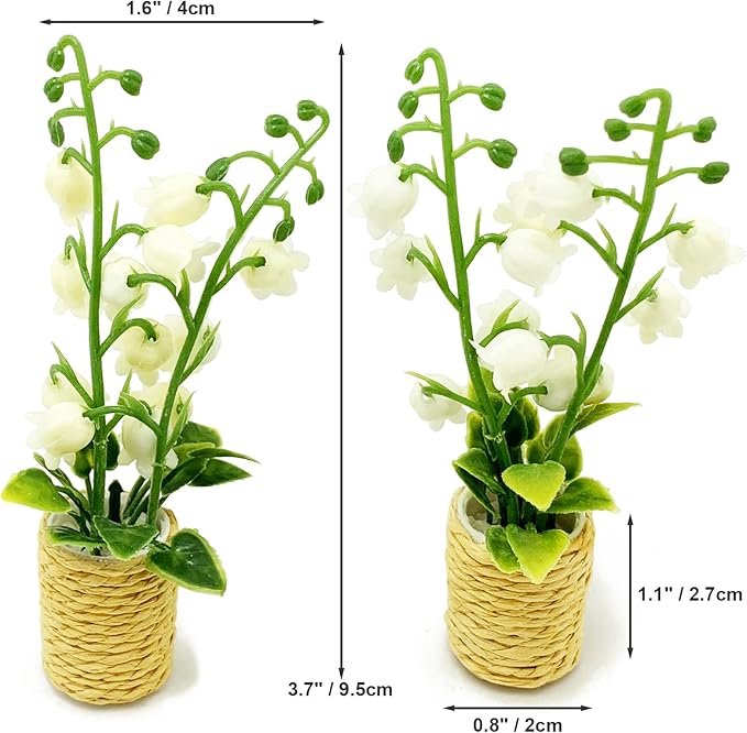 2Pieces Miniature Potted Plants Flowers Artificial Lily of The Valley Basket Bonsai for 1:12 Mini Dollhouse Scene Model Micro Landscape Decoration