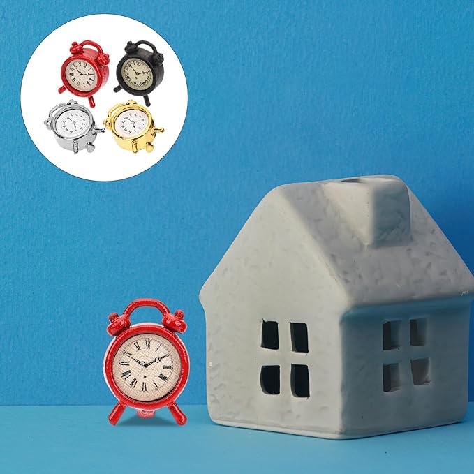 STOBOK 4Pcs Miniature Alarms Dollhouse Decoration Accessories, Cute Tiny Alarm Clocks Miniture House Clock for DIY Craft Minihouse Accessories 1:12 Scale Miniature Scene Dollhouse Ornaments