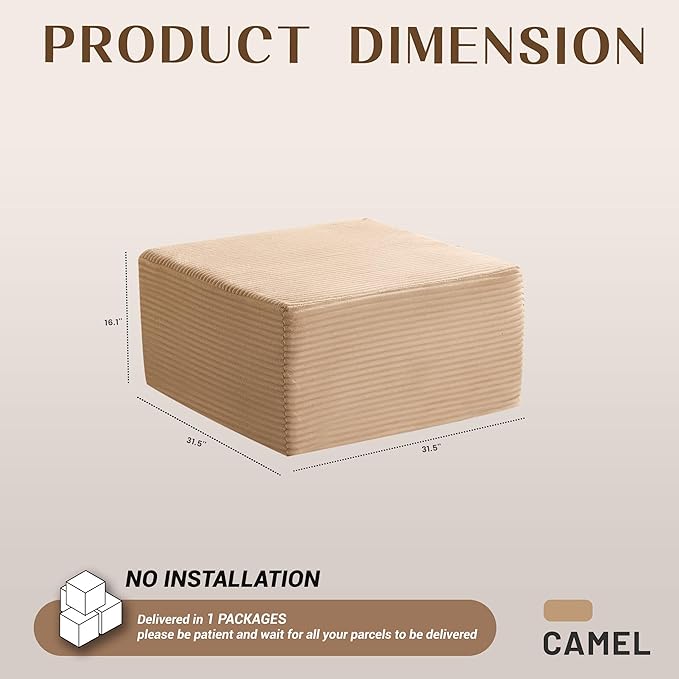Cozy Square Ottoman, Comfortable Seating, No Assembly Required, Camel