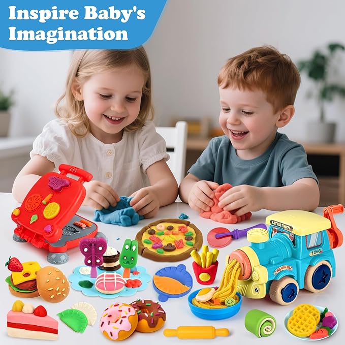 85 PCS 3 in 1 Dough Sets for Kids Ages 3-4-8, Art Crafts Dough Tools Kit, Train Engine Noodle Playset, Hamburger Machine, Dessert Rack, Kitchen Creations Food Play Toys Boys Girls