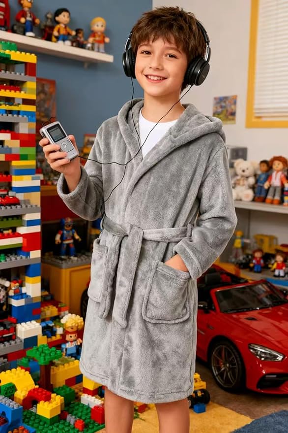 Boys Fleece Robe Hooded Toddler Soft Bathrobe Pajamas Sleepwear for Kids Girls 2-16 Years